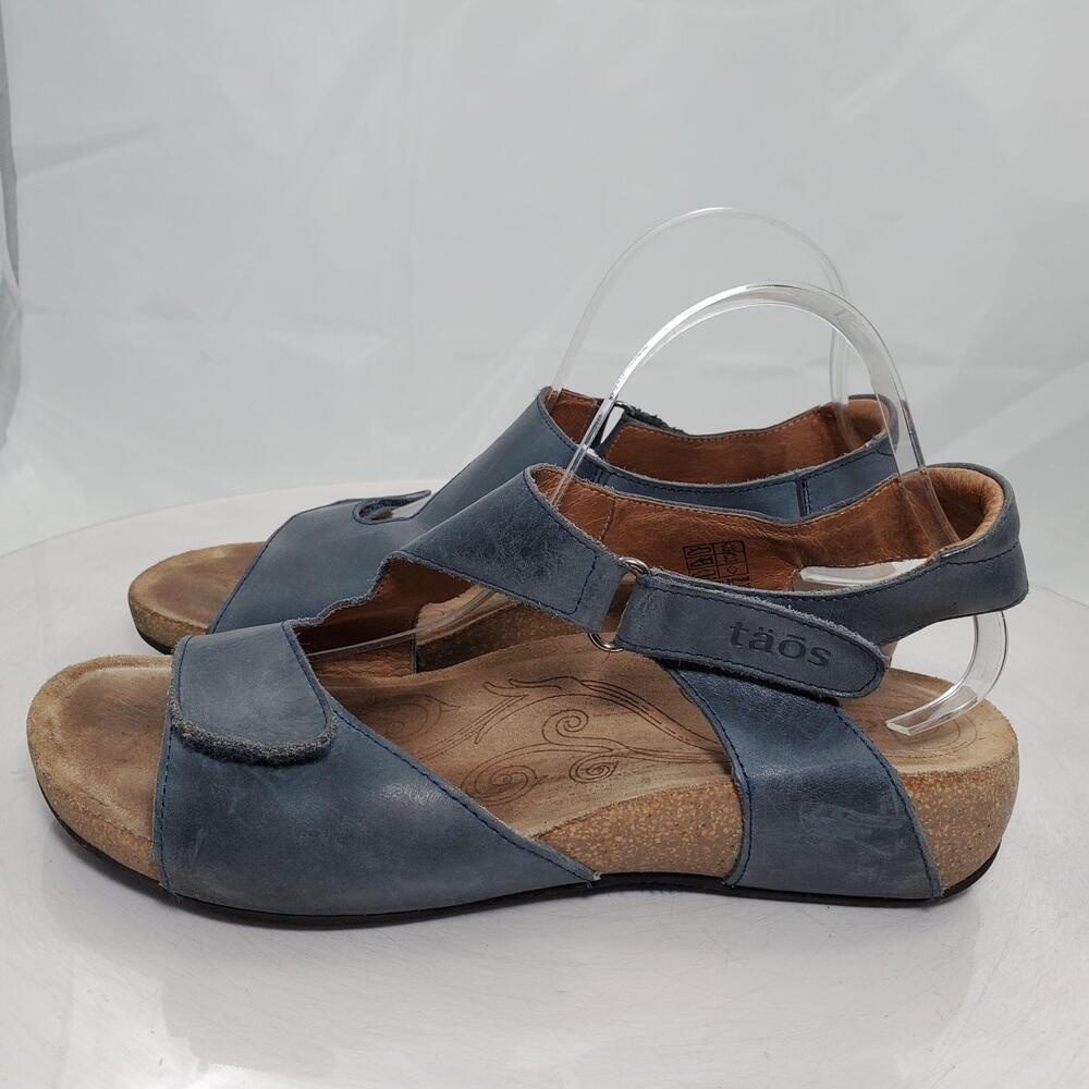Taos Sandals Women 9.5/40 Blue Leather Slingback Hook Loop Wedge Support Shoes
